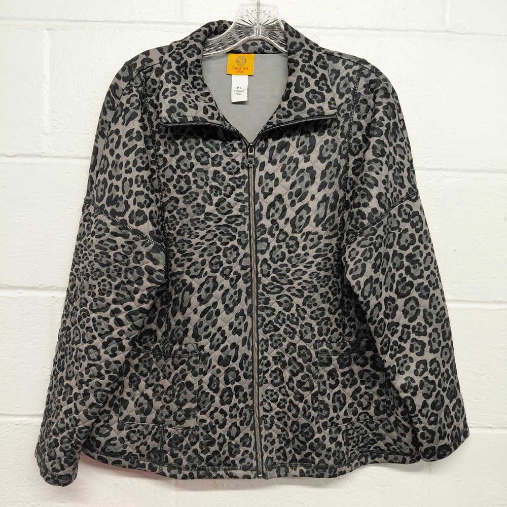 Ruby Rd. Petite Quilted Black Animal Print Full Zip Pocket Shirt Jacket LARGE - Picture 1 of 10